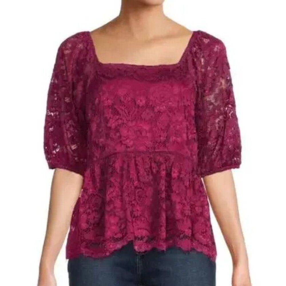 NWT Nanette Lepore Raspberry Radiance Lace Short Sleeve Babydoll Top XL
